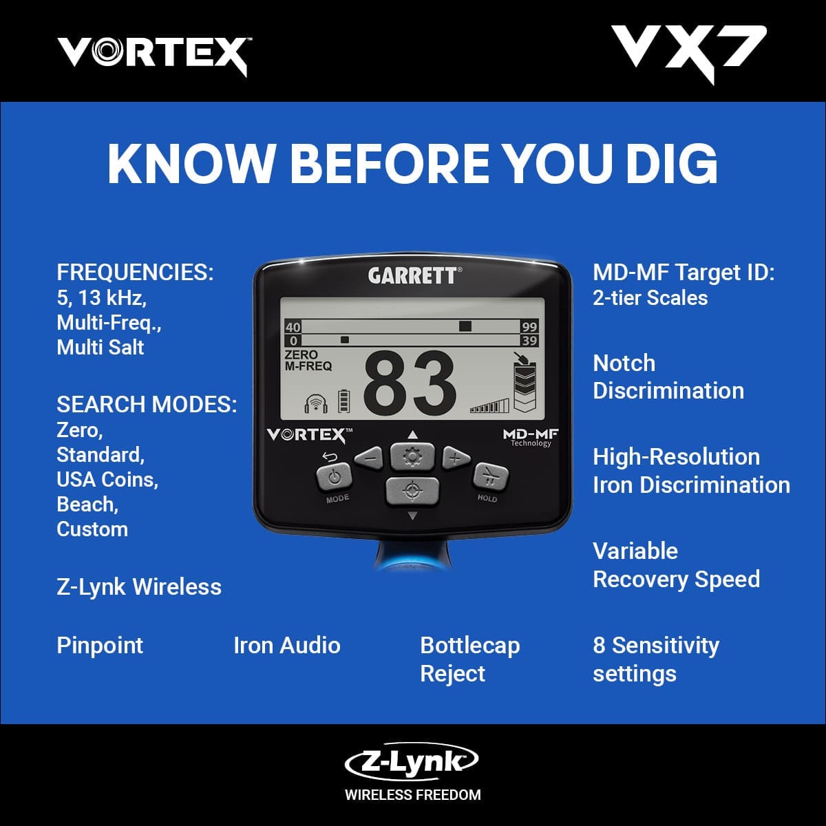 Eskişehir Garrett Vortex VX7 Dedektör - VX7 hedef ID ekranı, iki katmanlı MD-MF okuma ile demir ve iletken hedefleri ayırmaya yardım eder.